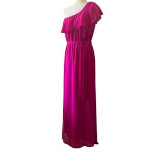 Fuchsia Pink One Shoulder Maxi Dress M Cinched Waist Belted Wedding Guest Gala